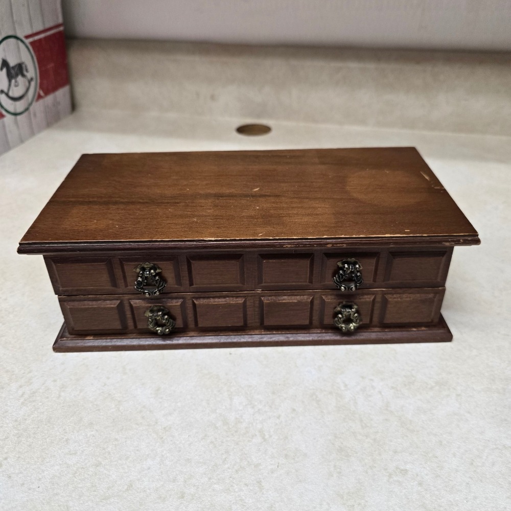 Vintage Wooden Jewelry Box Chest Mustard Yellow Corduroy Lining 2 Tier Organizer